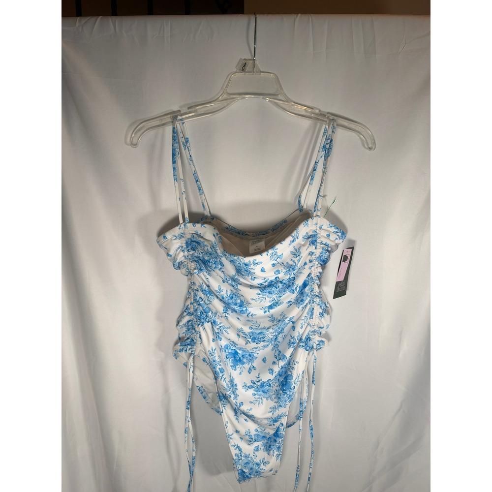 Wild Fable Blue Floral Ruched One Piece Swimsuit Extra High Leg Cheeky XL NWT